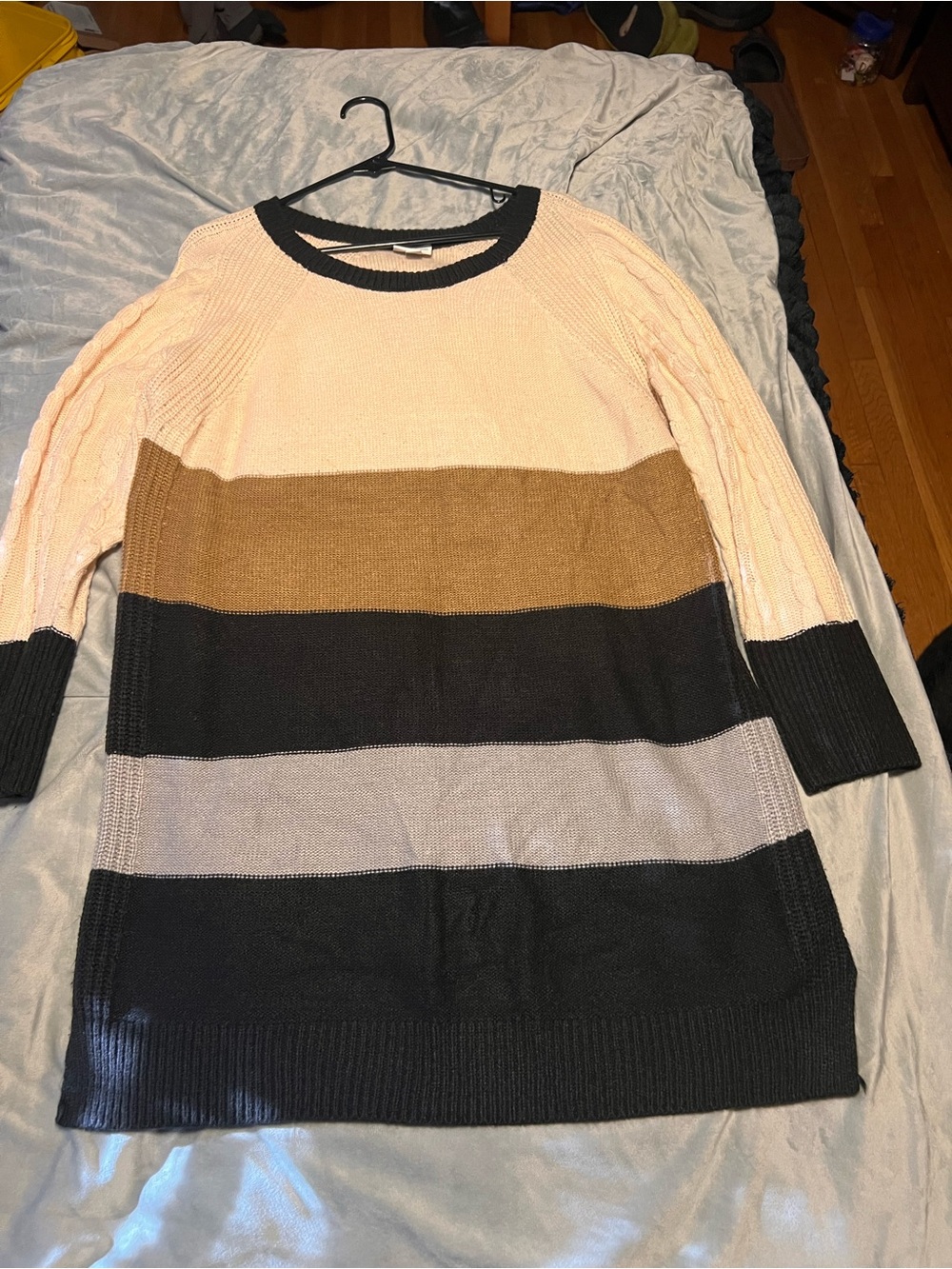 LuLaRoe Colorblock Crewneck Sweater Dress in Cream, Brown, Black, Gray